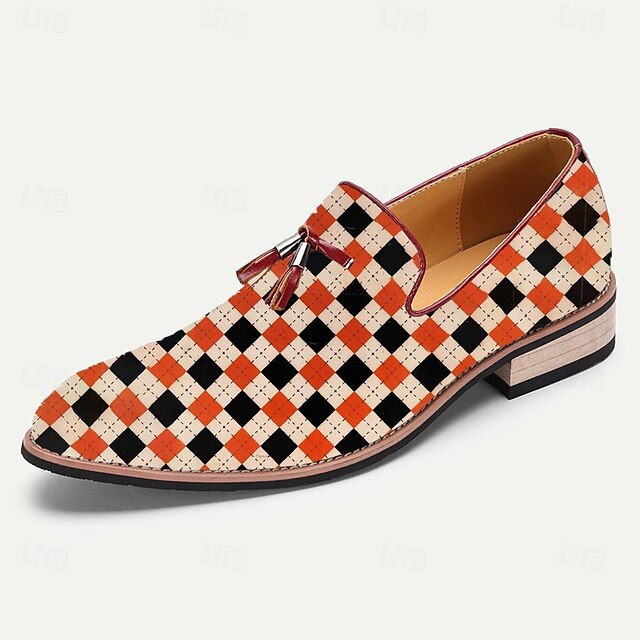 and Leather Men's Loafers White Checkered Orange Slip-On