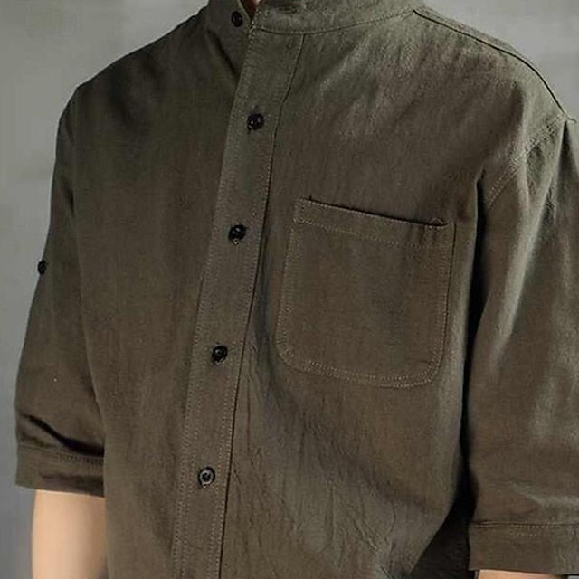Linen Vacation Men's Shirt Green Cotton Plain Black White