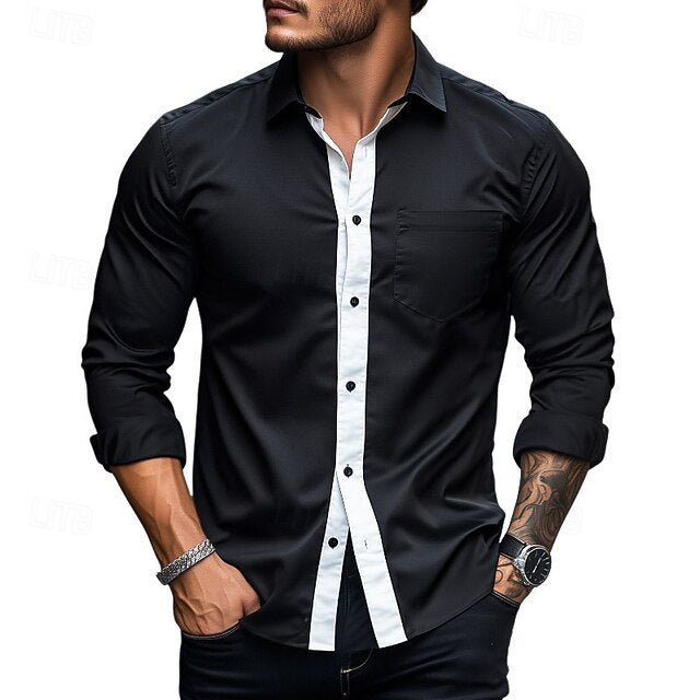 Casual Up Shirt Long Black Button Men's Sleeve