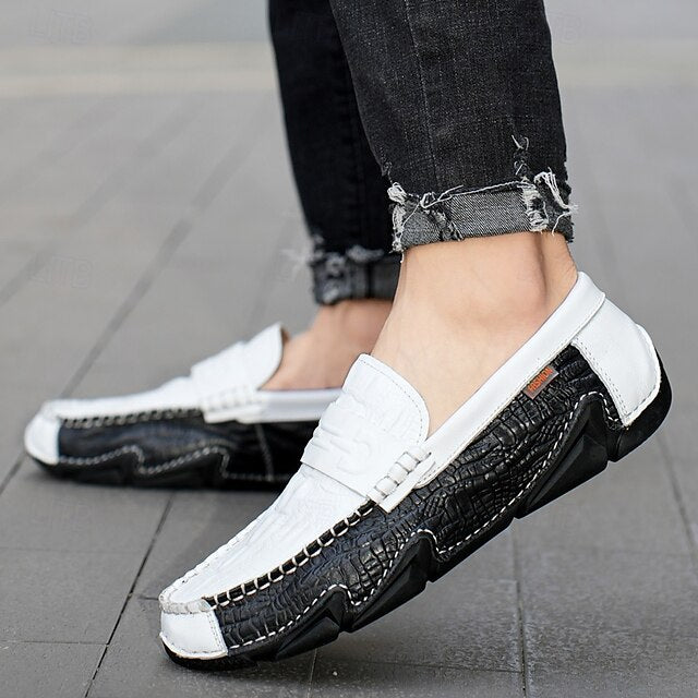 Leather Black with Loafers Faux Men's White Crocodile