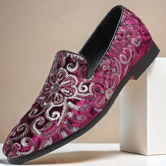 Slip-On – Stylish Floral Men's Embroidered Purple Loafers