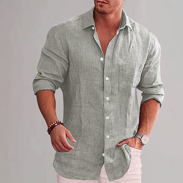 Wine Shirt Cotton Plain Men's Linen Black White Vacation