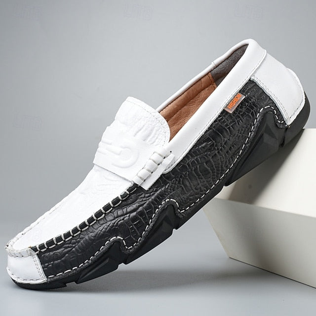Leather Black with Loafers Faux Men's White Crocodile