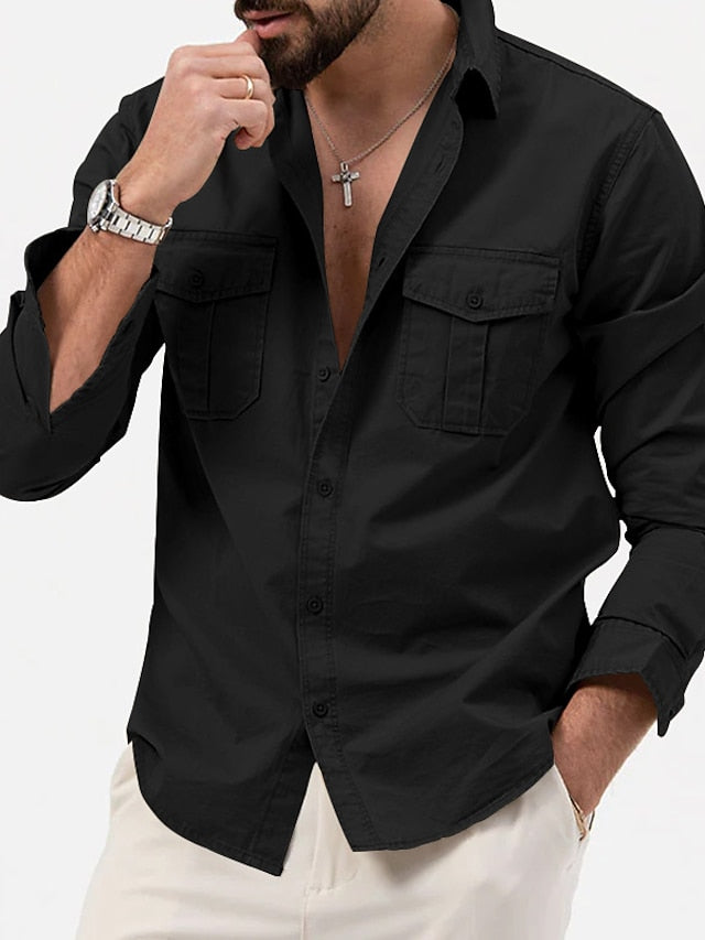 Men's Casual Black Up Shirt White Button Green