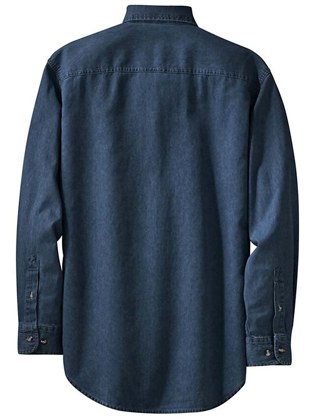 Blue Shirt Plain Turndown Dark Jeans Long Men's Sleeve