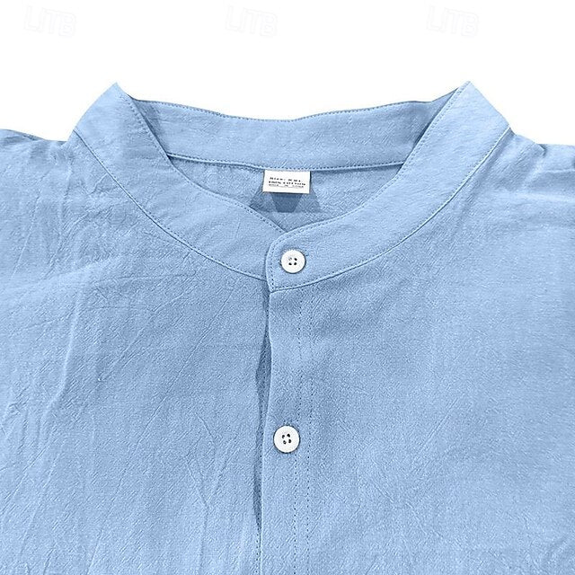 Shirt Vacation Men's Linen Cotton Plain Neck Plunging Beach