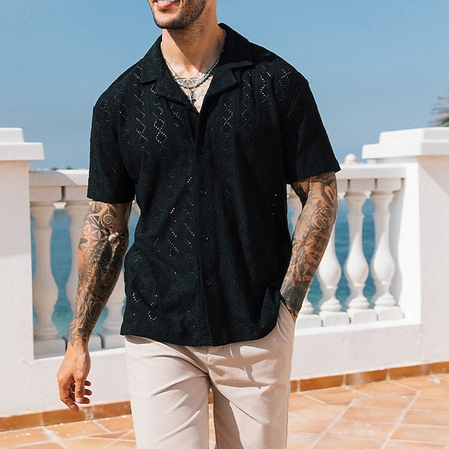 Men's Summer Black Button Up Shirt Casual