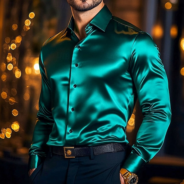 Men's Casual Up Button Plain Shirt Satin