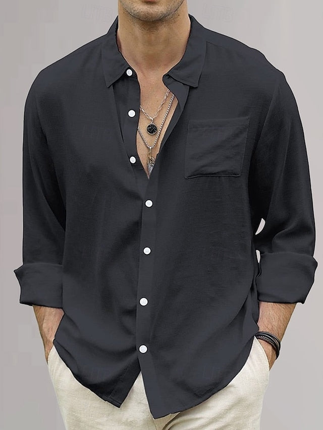 Plain Vacation Cotton Shirt Linen Black Men's Yellow Green