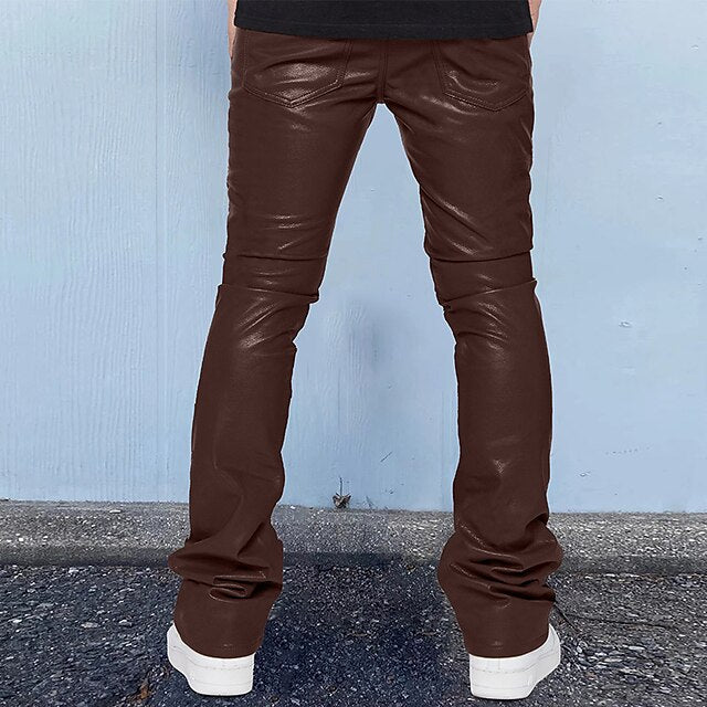 Pocket Casual Pants Men's Plain Faux Trousers Leather