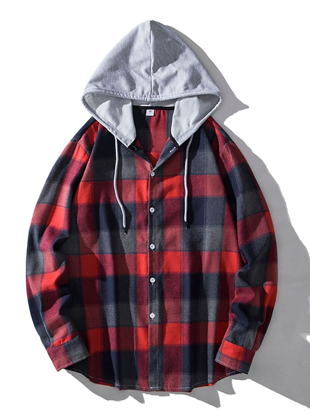 Button Casual Men's Black Up Hooded Shirt