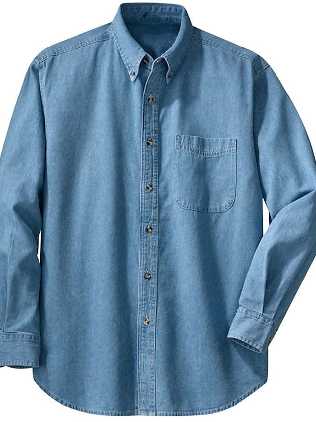Blue Shirt Plain Turndown Dark Jeans Long Men's Sleeve