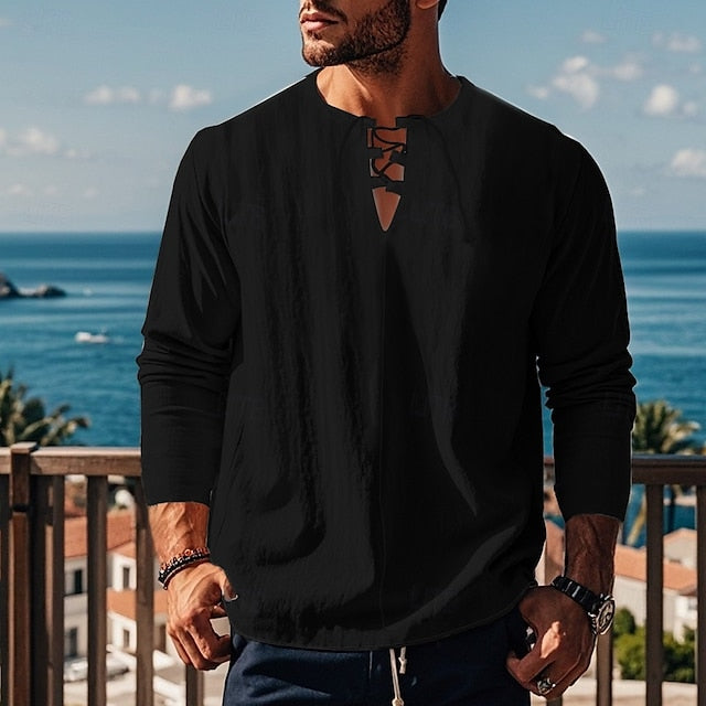Cotton Linen Shirt Beach Plain Men's Summer