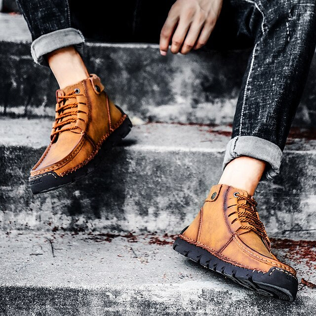 Casual Men's Lace-Up Leather Ankle Vintage Boots –