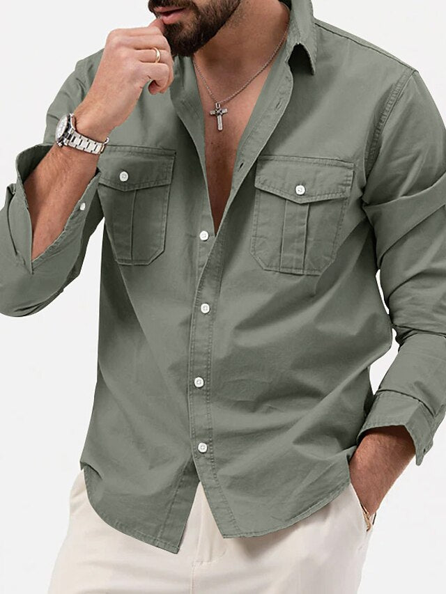 Men's Casual Black Up Shirt White Button Green