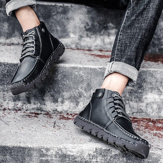 Casual Men's Lace-Up Leather Ankle Vintage Boots –