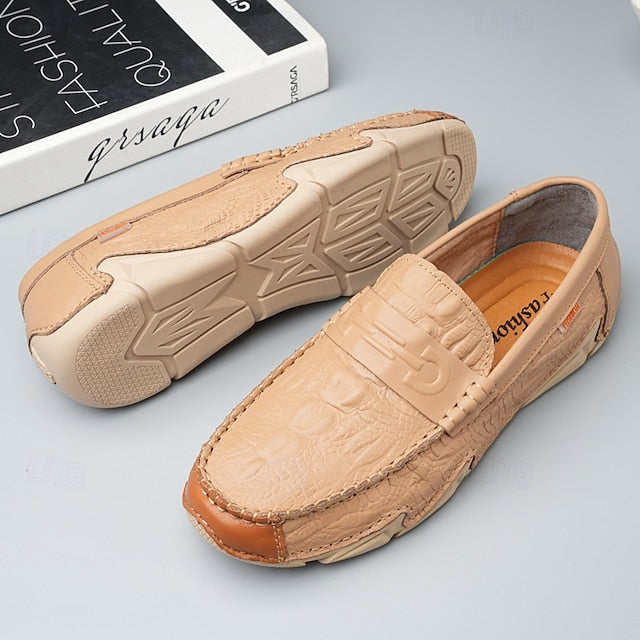 Leather Black with Loafers Faux Men's White Crocodile