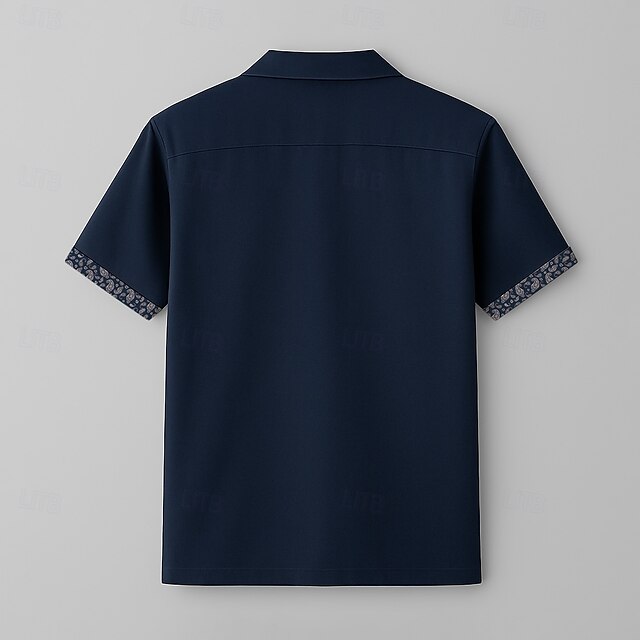 Collar Shirt Cuban Navy Sleeve Blue Paisley Short Men's