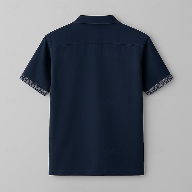 Cuban Sleeve Navy Blue Shirt Short Paisley Collar Men's