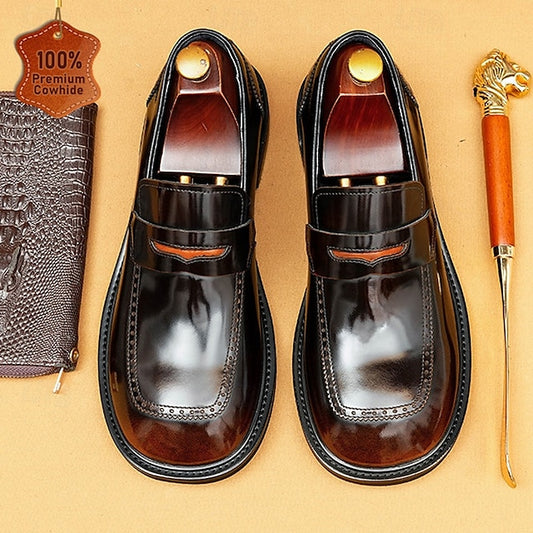 Black Men's Decorative Cowhide Premium Slip-On Loafers with