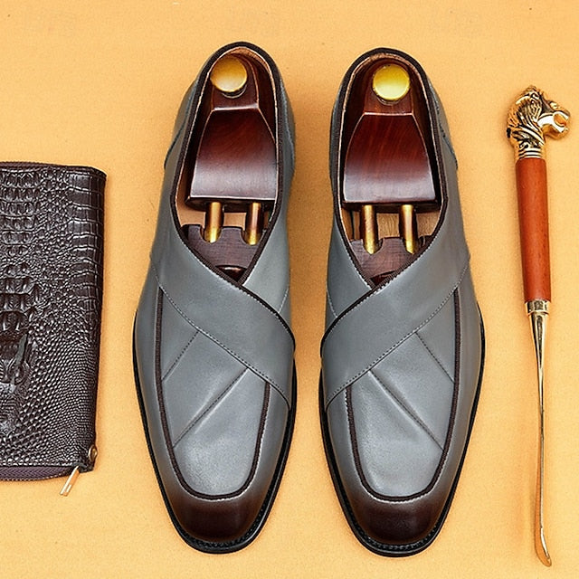 Loafers Men's Slip-On Strap - Cross Handmade Gray Leather