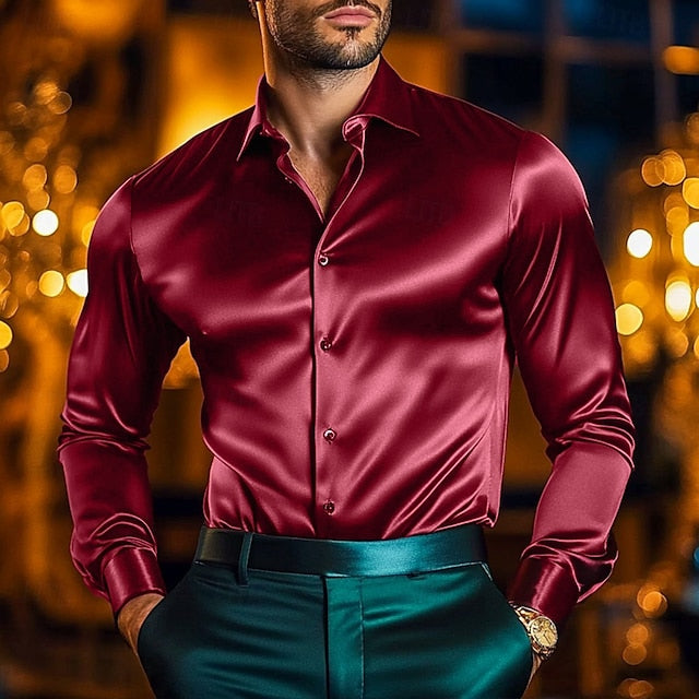 Men's Casual Up Button Plain Shirt Satin