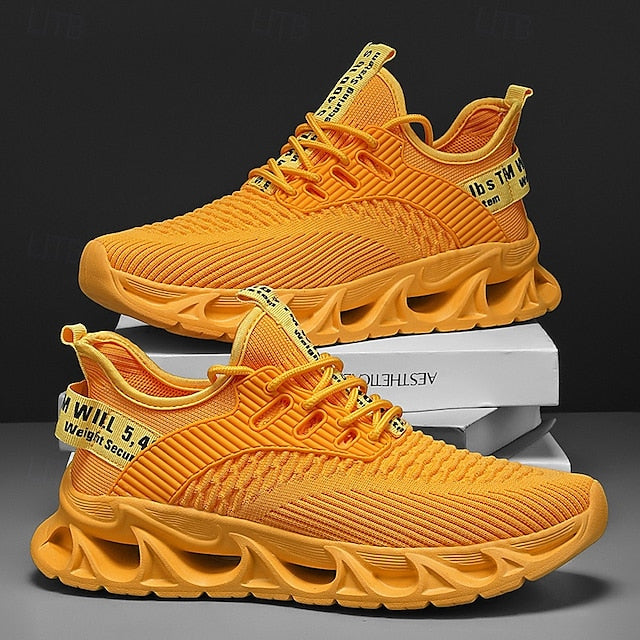 Elastic Sneakers Neon Yellow Knit Men's Sports with Upper