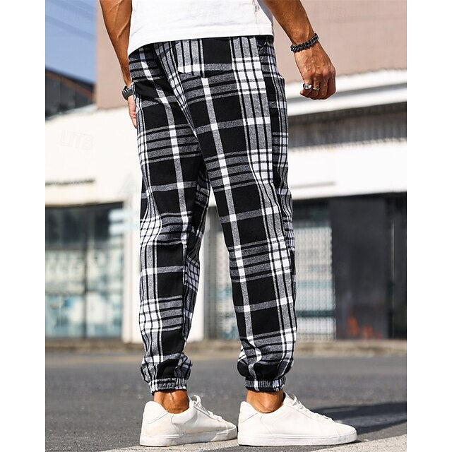 Elastic Casual Men's Plaid Pants Drawstring Waist Trousers