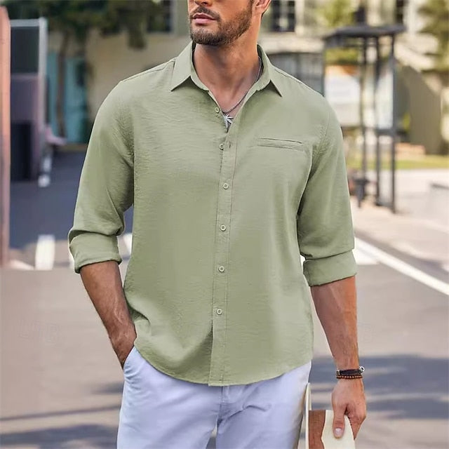 Linen Shirt Cotton Men's Green White Plain Black Vacation