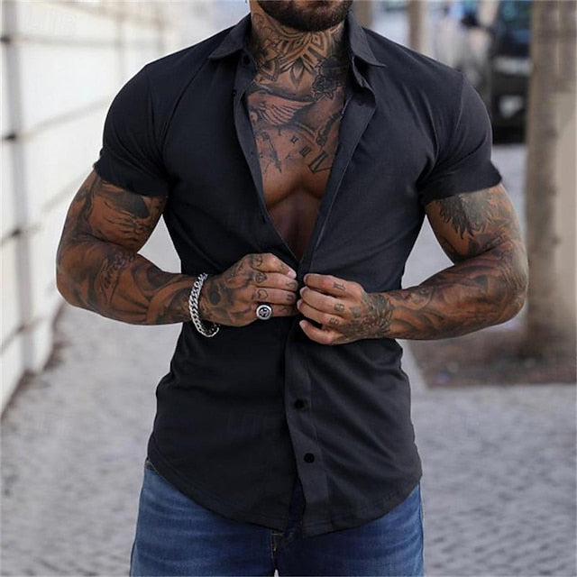 Summer Men's Shirt Black Button blue Up grey
