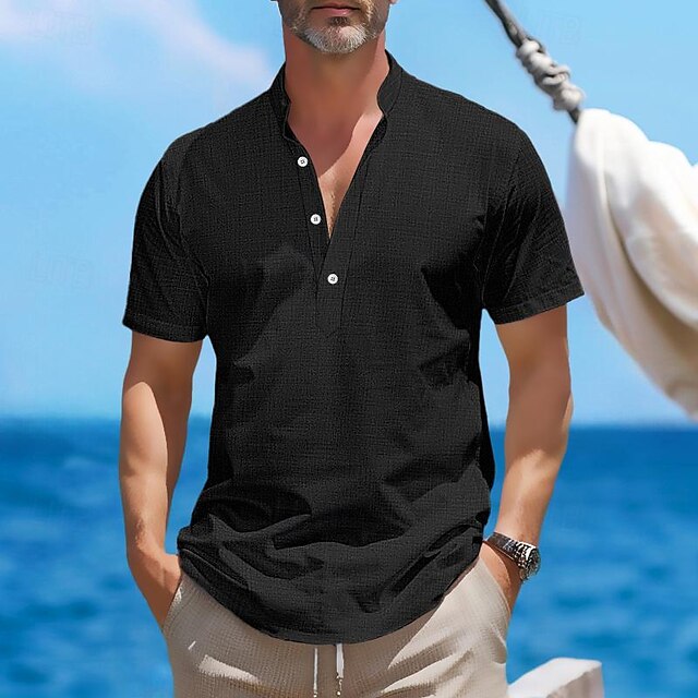 Henley Shirt Retro Linen Men's Popover Shirts