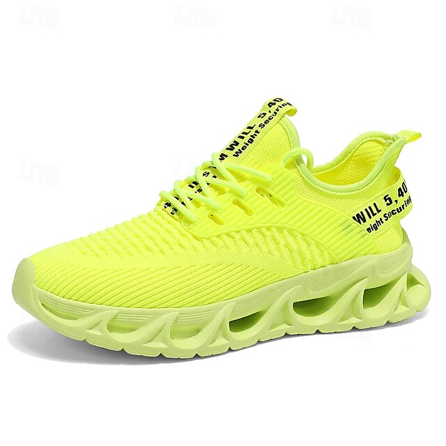 Elastic Sneakers Neon Yellow Knit Men's Sports with Upper