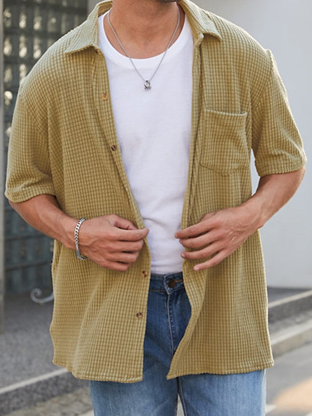 Button Men's Waffle Casual Shirt Summer