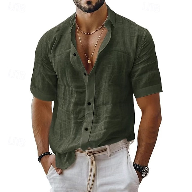 Button Shirt Up Casual Linen Cotton Men's