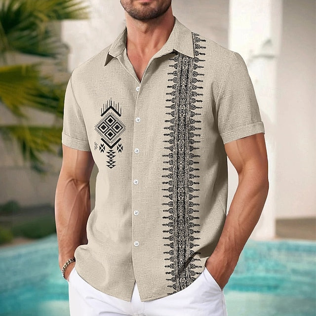 Beach Wear Linen Shirt Men's Summer Geometric