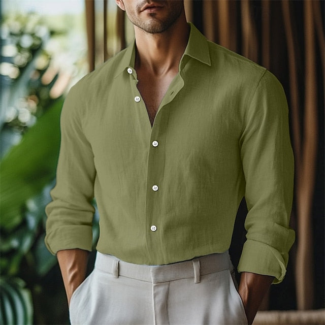 Summer Men's Linen Button Up Shirt Plain