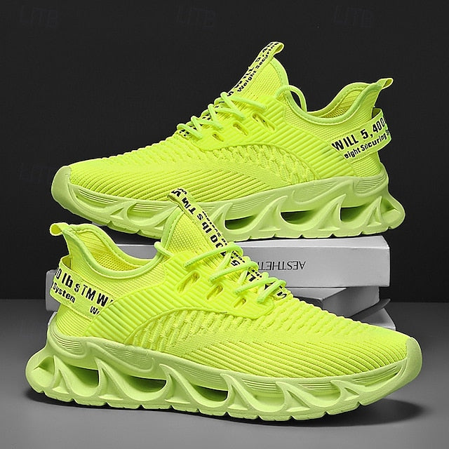 Elastic Sneakers Neon Yellow Knit Men's Sports with Upper