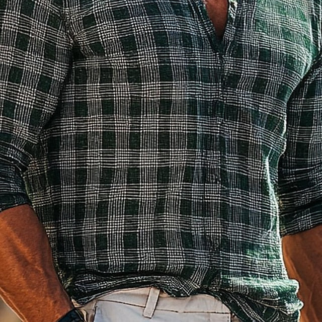 Casual Popover Plaid Linen Shirt Men's