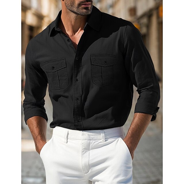 White Light Button Men's Casual Shirt Up Black