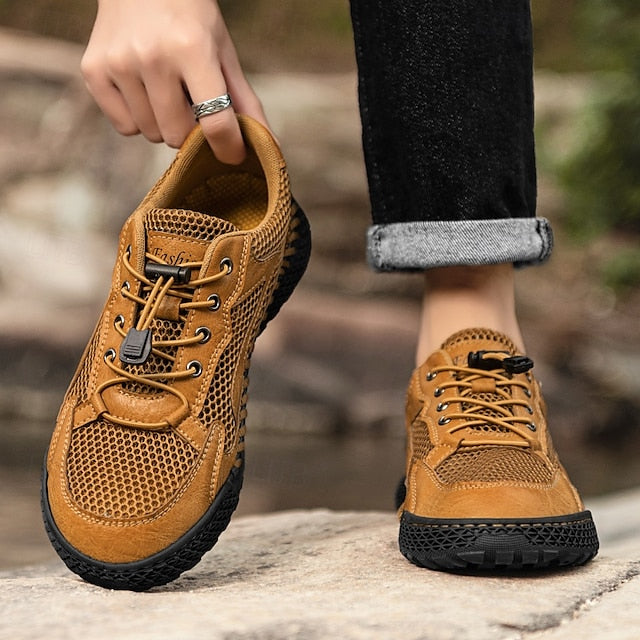 Men's Tan Breathable Mesh Lace-up with Design Sneakers