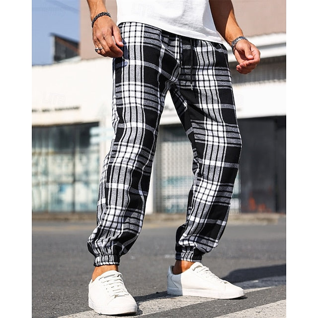 Elastic Casual Men's Plaid Pants Drawstring Waist Trousers