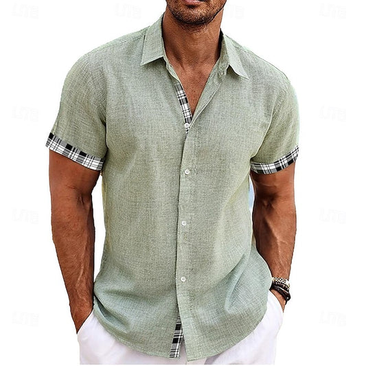 Men's Linen Outdoor Checkered Beach Plaid Shirt