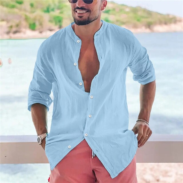 Collar Band Men's Summer Shirt Popover