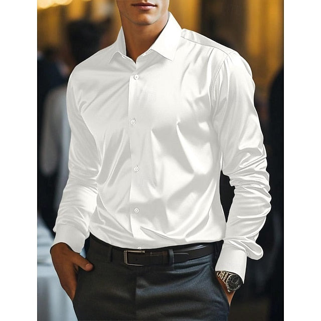 Button Shirt Casual Satin Plain Men's Up