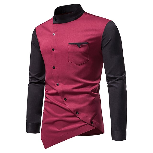 Block Wine Yellow Color Collar Stand Shirt Blue Plus Men's