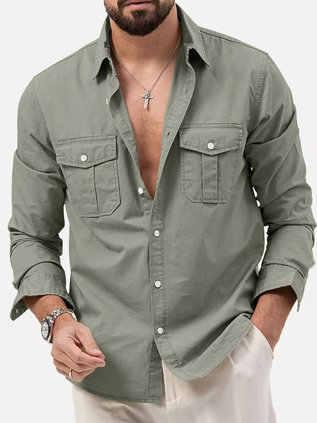 Men's Casual Black Up Shirt White Button Green