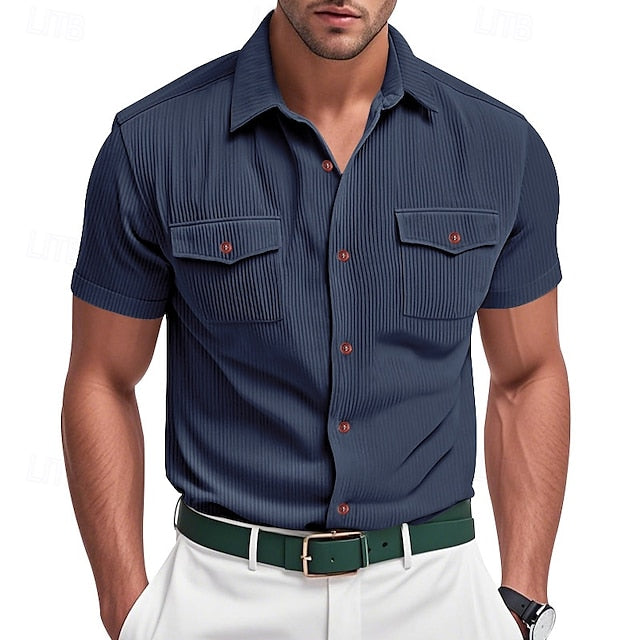 Shirt Casual Button Summer Corduroy Men's