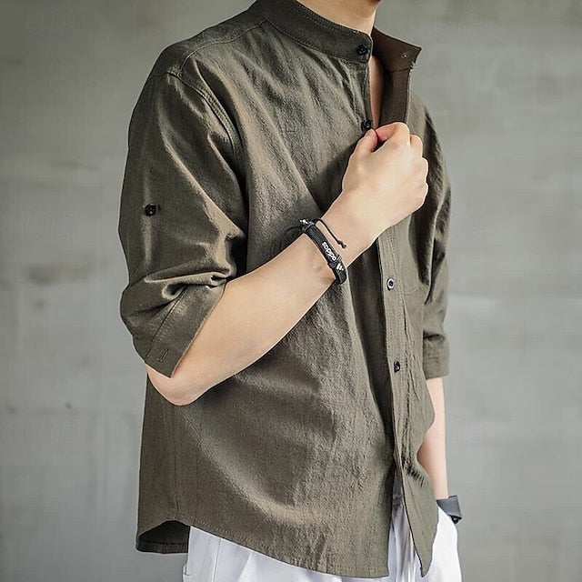 Linen Vacation Men's Shirt Green Cotton Plain Black White