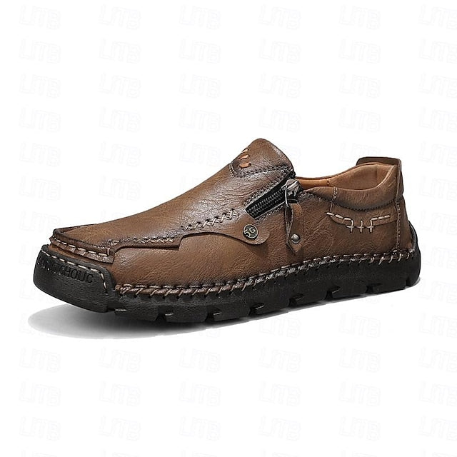Faux Loafers Leather Brown Slip-On with Side Men's Zipper