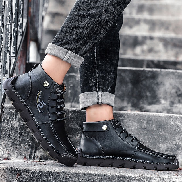 Casual Men's Lace-Up Leather Ankle Vintage Boots –